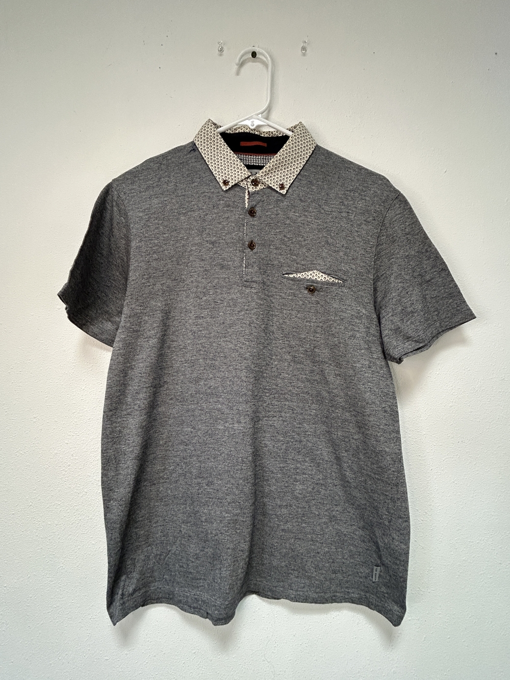 Ted Baker Men's Heather Gray Polo with Patterned Contrast Collar